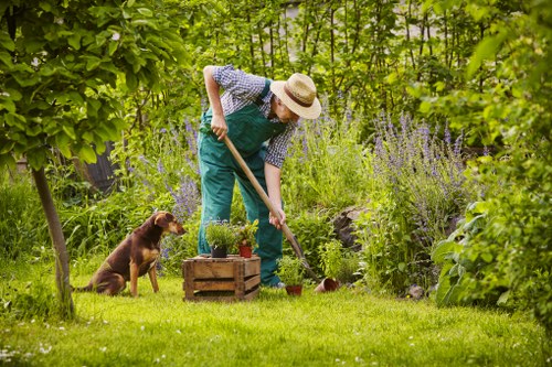 Low-maintenance landscape gardening in Harmondsworth with modern paving