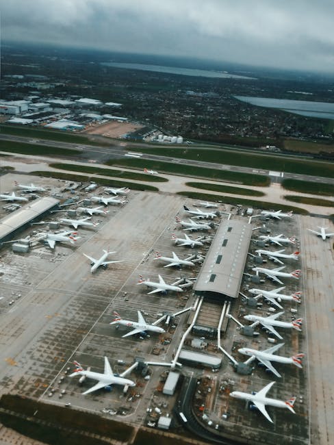There is no image provided related to gardening or outdoor maintenance; instead, it shows an aerial view of an airport with numerous airplanes parked at gates, taxiways, and runways, under a cloudy sk